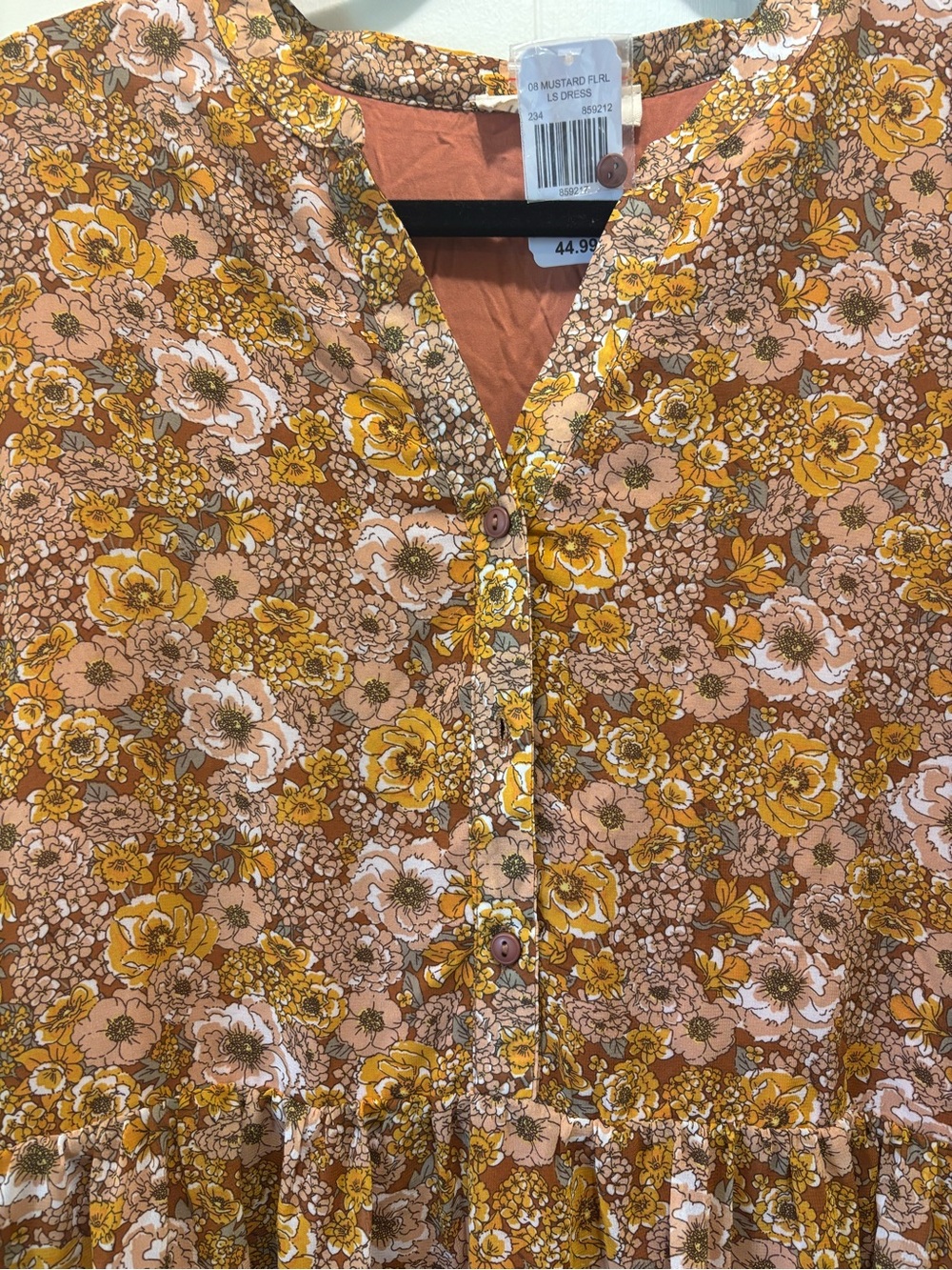 Indigo Soul Mustard Floral Tiered Long Sleeve Boho Mini Dress XL NWT - Picture 5 of 10
